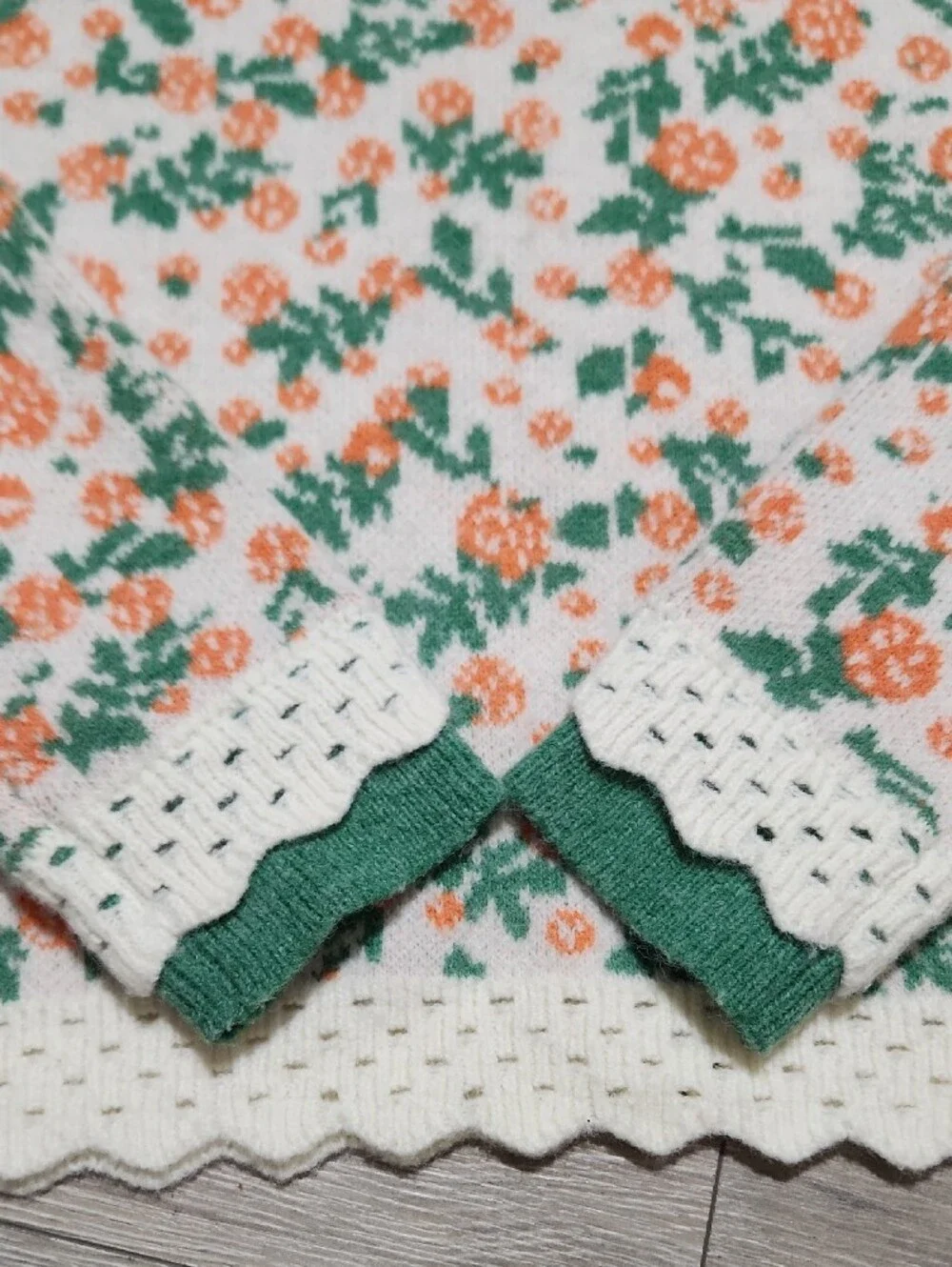 Coquette Orange Green Floral Scalloped Open Knit Sweater Crop Size Small